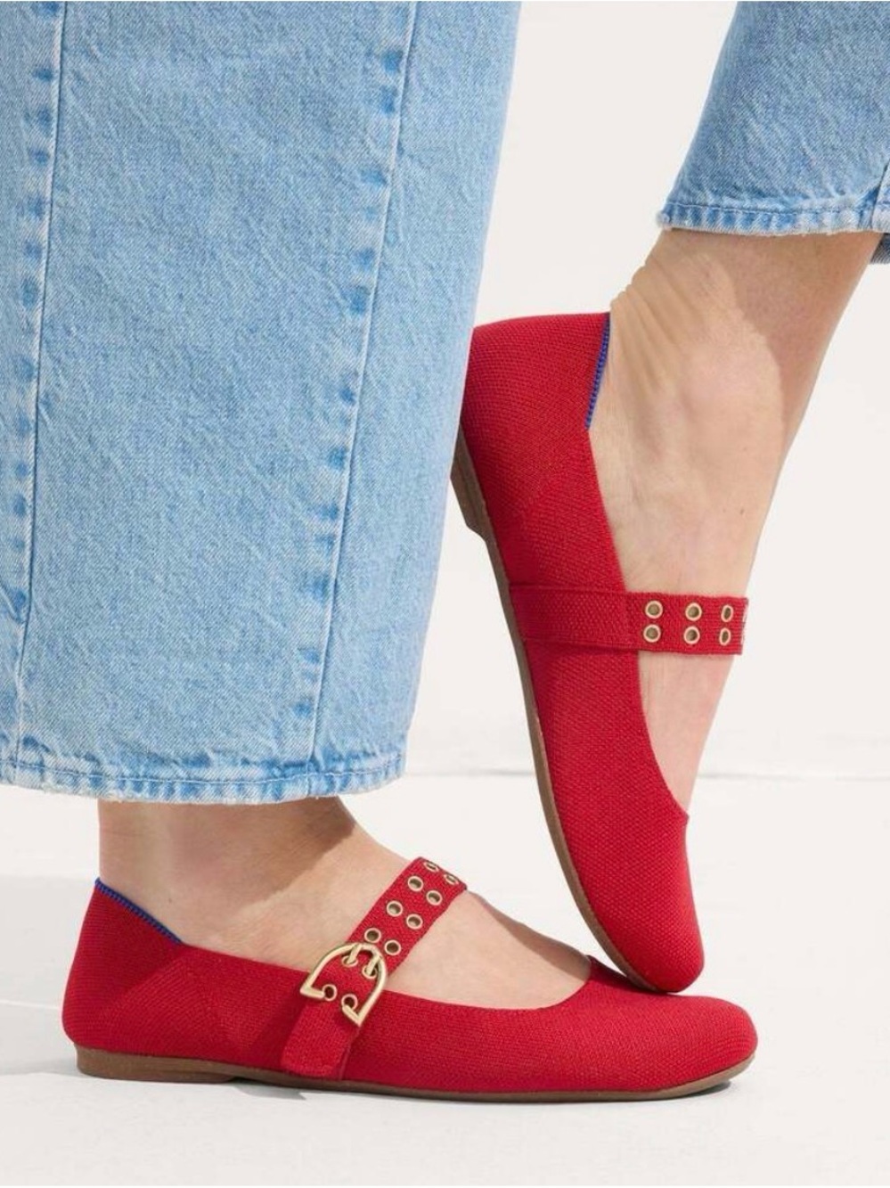 Rothy's Red Mary Jane Flats with Gold Buckle Detail